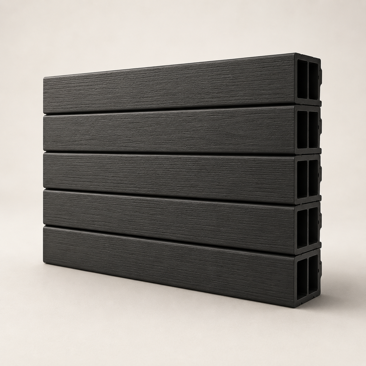 Stacked WPC composite fence slats with textured charcoal finish