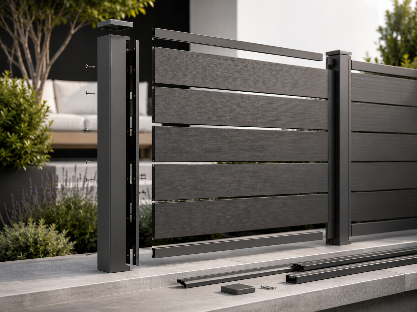 Complete WPC composite fencing installation system with slats, posts, rails and fixings