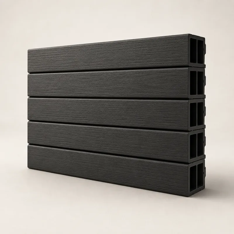 Stacked WPC composite fence slats with textured charcoal finish