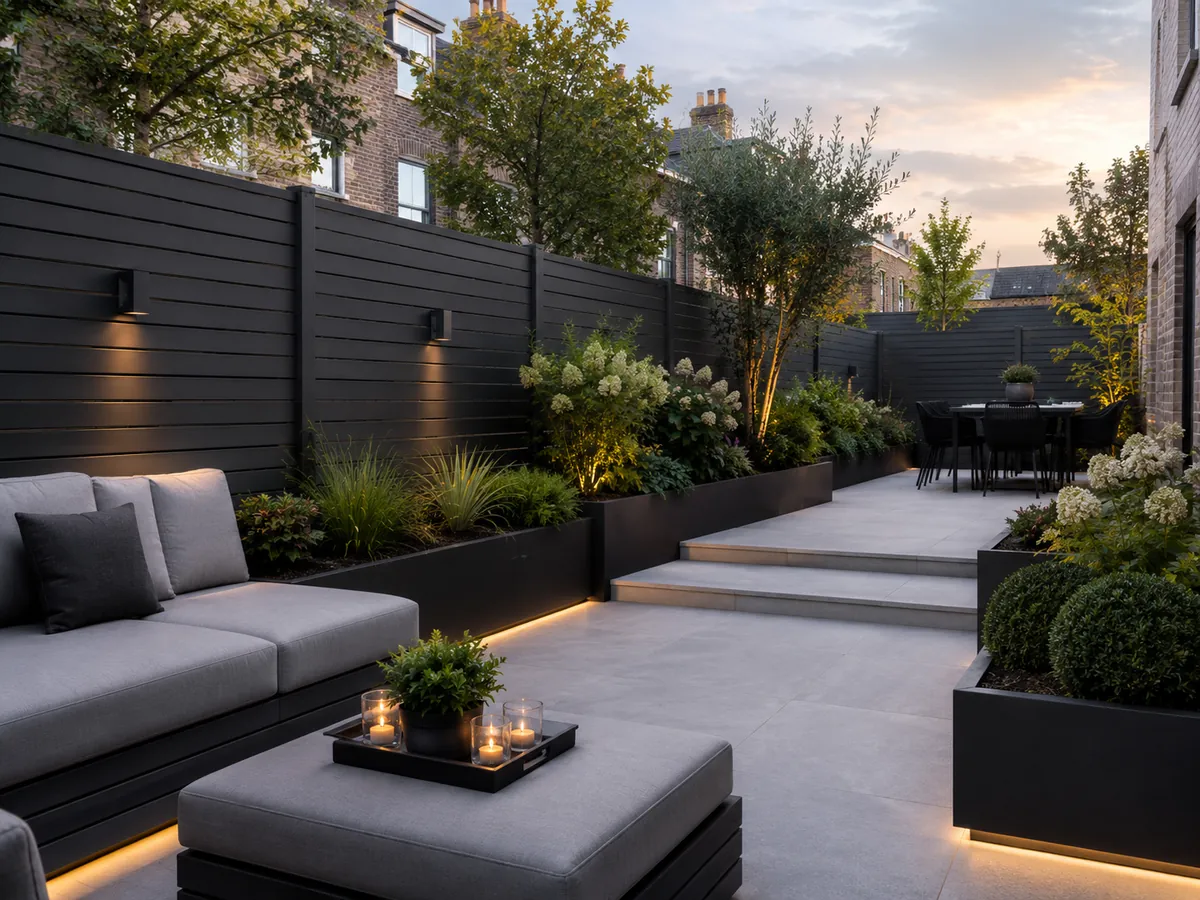 Urban UK garden with anthracite composite fencing, planting and evening outdoor lighting