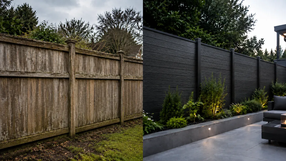 Side by side comparison of weathered timber fencing and modern black composite fencing