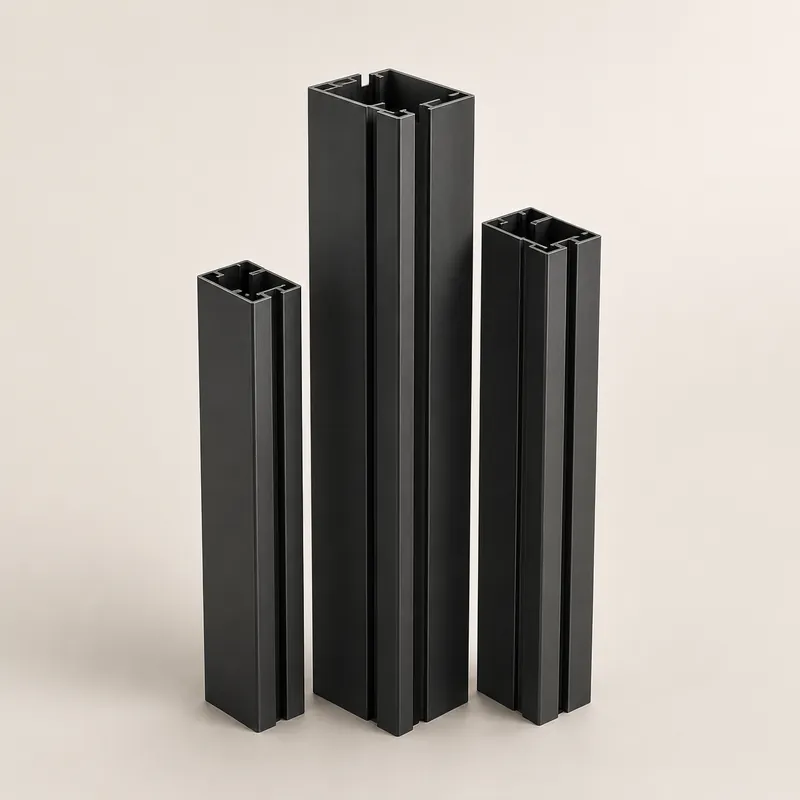 Black aluminium fence posts for modular composite fencing