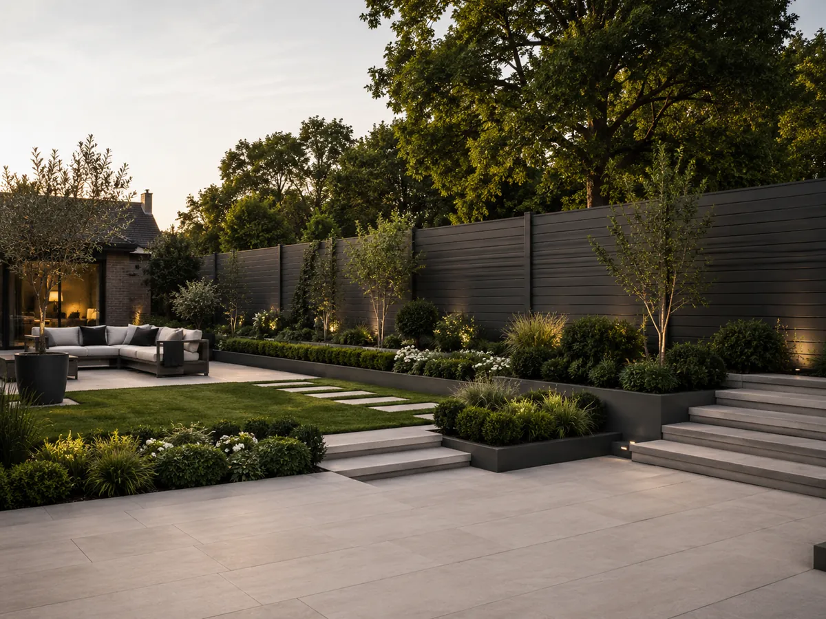 Landscaped garden boundary with long dark composite fence panels