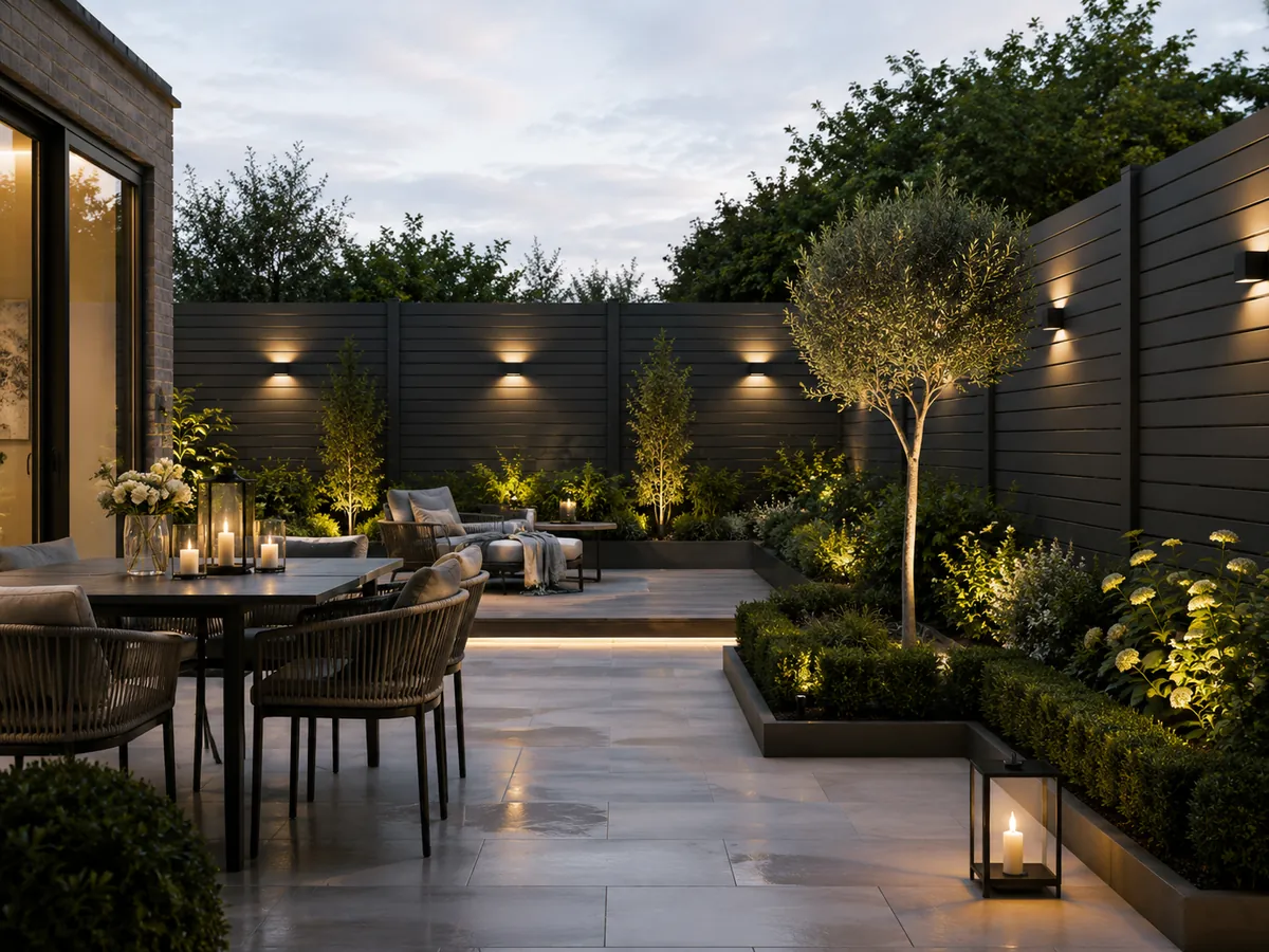 Private courtyard with modern composite fencing and architectural lighting