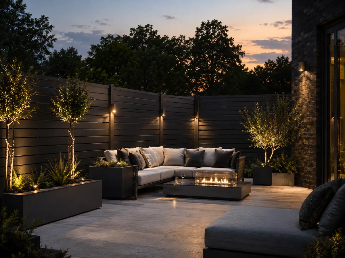 Evening terrace with dark composite fencing, outdoor seating and warm garden lighting