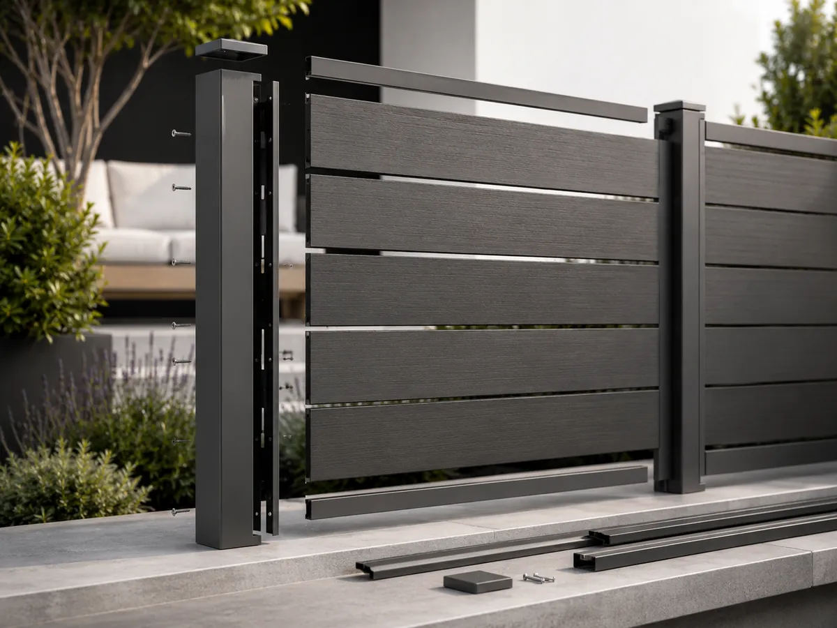 Complete WPC composite fencing installation system with slats, posts, rails and fixings